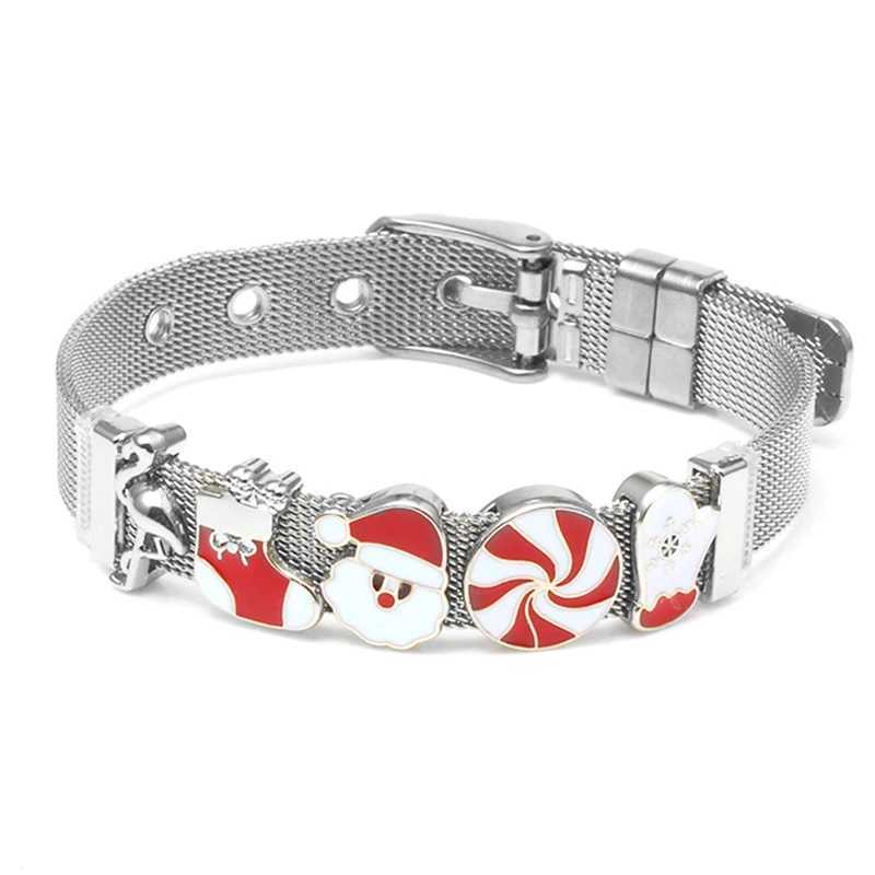 Chain Christmas Series Stainless Steel Adjustable Mesh Bracelet DIY Crystal Santa Claus Slide Beads Charm Bracelets For Women JewelryL24