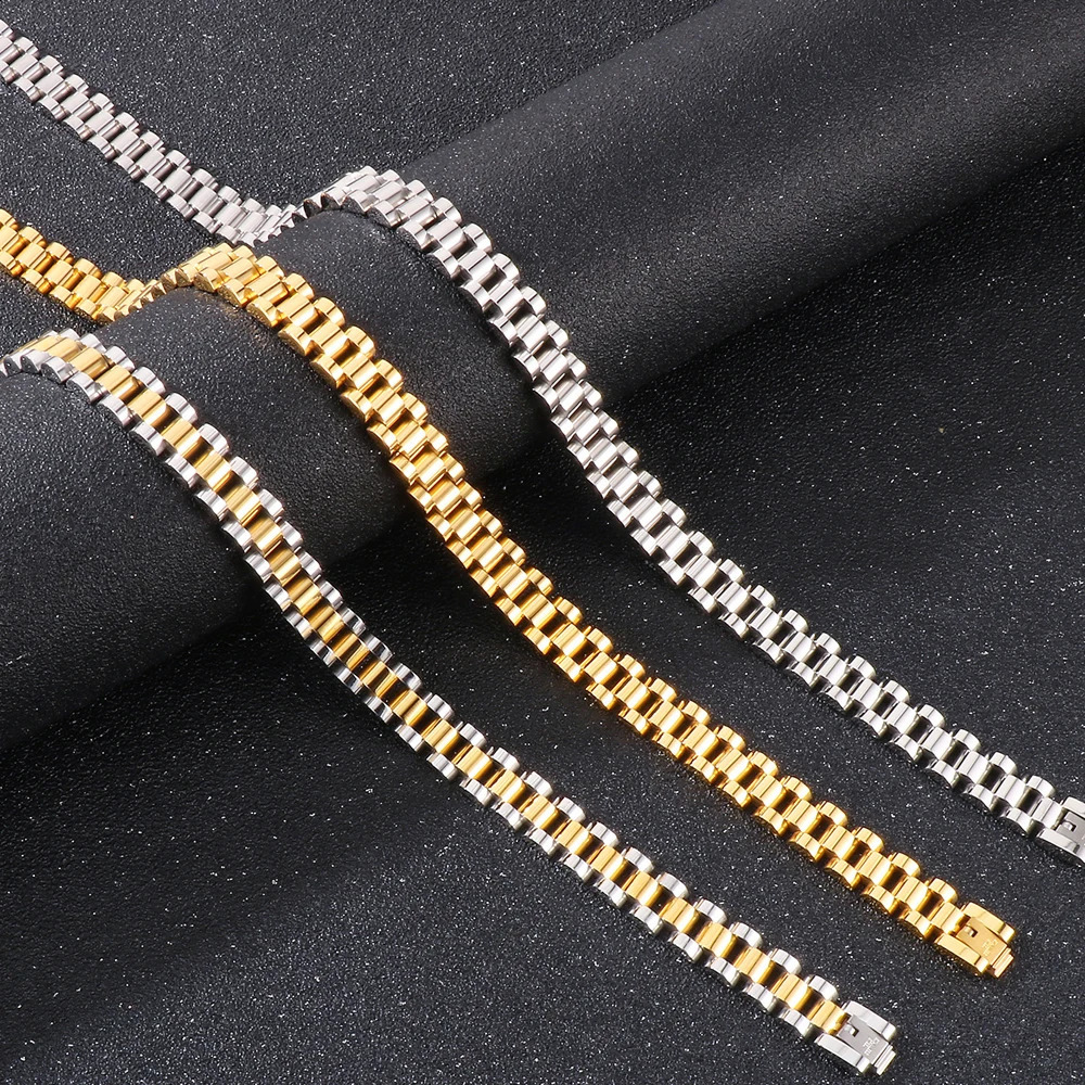 5060CM 10MM Watch Strap Chain Style Necklace For Men Women Gold Color Stainless Steel Choker Necklaces Jewellery Accessories 240313