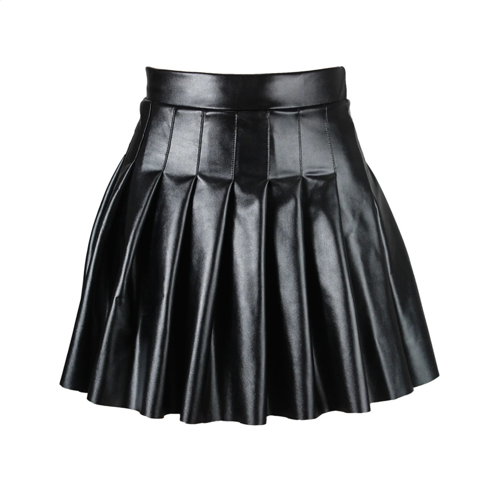 Femmes taille haute a-ligne jupe plissée y2k E filles Punk gothique noir Latex côté Invisible fermeture éclair évasée Mini jupes Chic Club Wear 240307