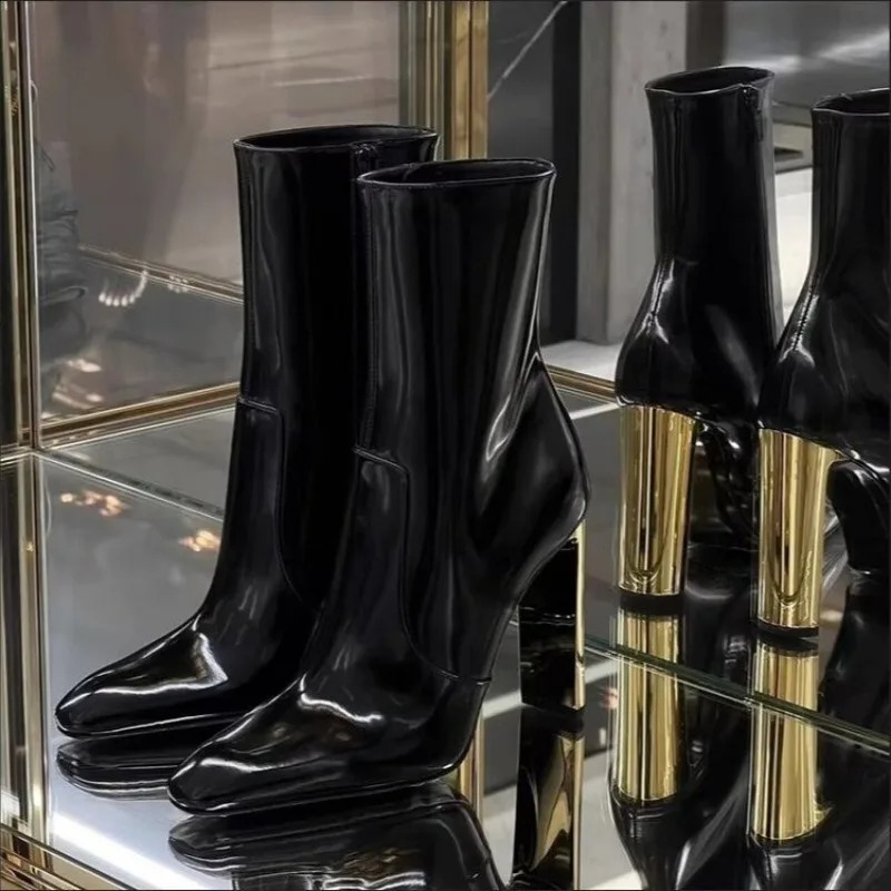 Pointed Toe Black Patent Leather Knee High Boots Zip Gold Heeled Sexy Women 2024 Winter Tall Boot Luxury Designer Shoes 240301