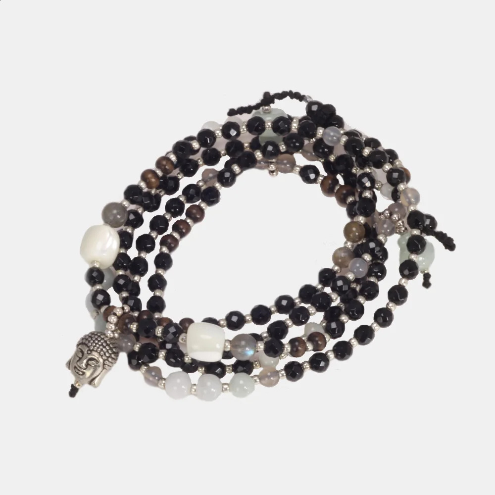 Gemischte Natursteine Heilung Balance Perlen Armband Frauen Katzenaugen Schwarzer Onyx Mondstein DIY Spiritueller tibetischer buddhistischer Schmuck 240305