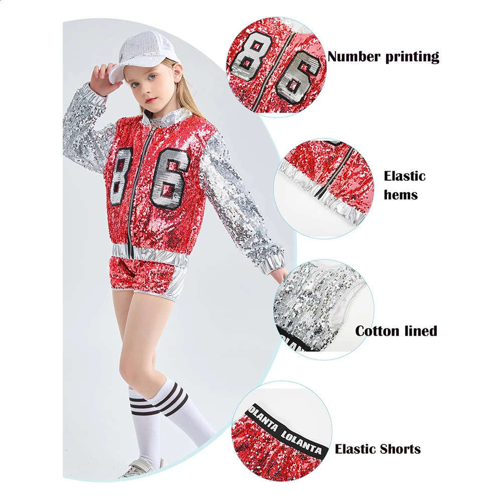 LOlanta 414 ans filles rose paillettes Crop hauts Shorts veste vêtements de danse Costume Hip Hop moderne Jazz danse scène Performance porter 240306