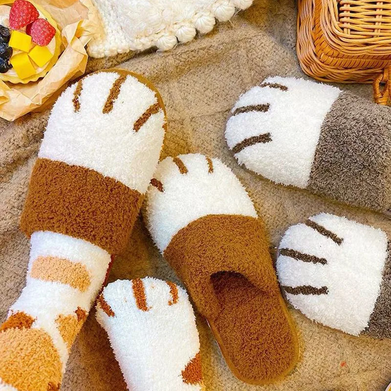 Boots Fashion Cotton Slippers Women's Home Cartoon Cute Cat Claws Plush Shoes Couples Warm Indoor Soft Sole Thick Slippers Men