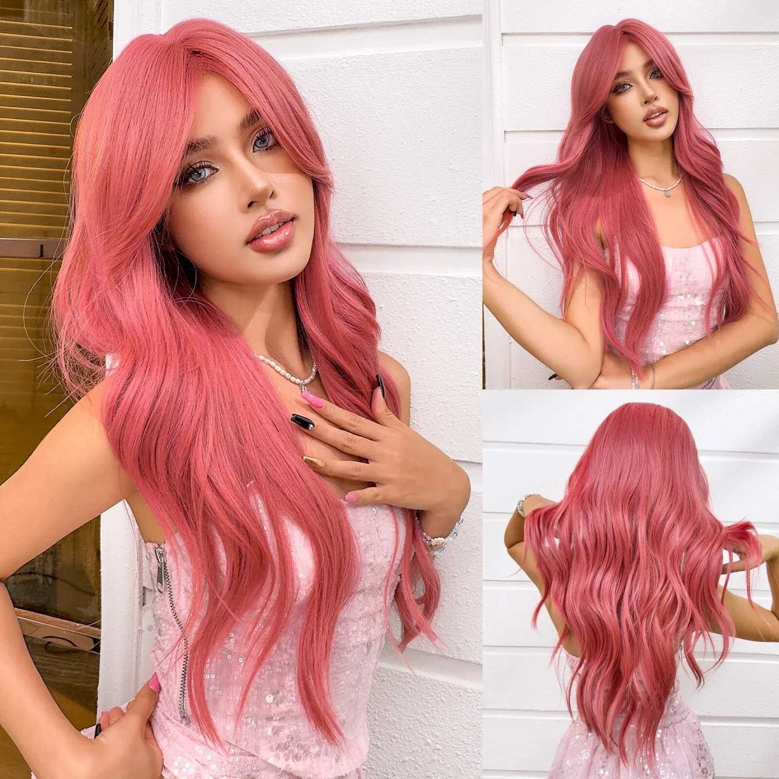 Perucas sintéticas longas perucas onduladas de água sintética melancia vermelho rosa peruca de cabelo com franja lateral para meninas e senhoras uso diário festa cosplay 240328 240327