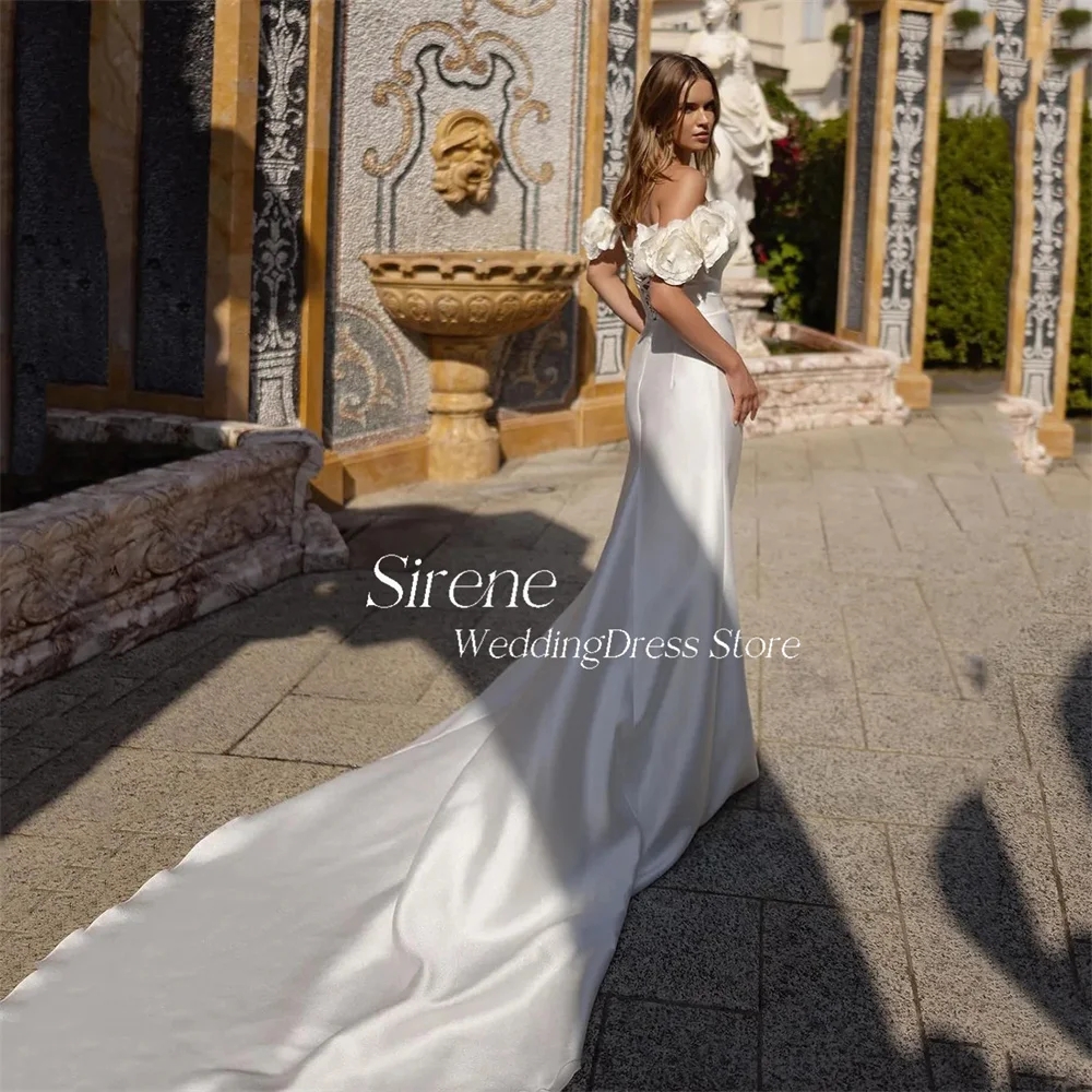 Elegant Off The Shoulder 3D Flower Mermaid Wedding Dresses Charming V-Neck Sleeveless Backless High Side Slit Bridal Gown YD