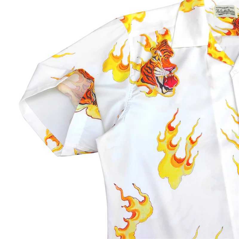Men's Casual Shirts Flame Tiger Head Pattern WACKO Maria Hawaiian Shirt Mens 1 1 High Quality Summer Casual Loose Top J240316