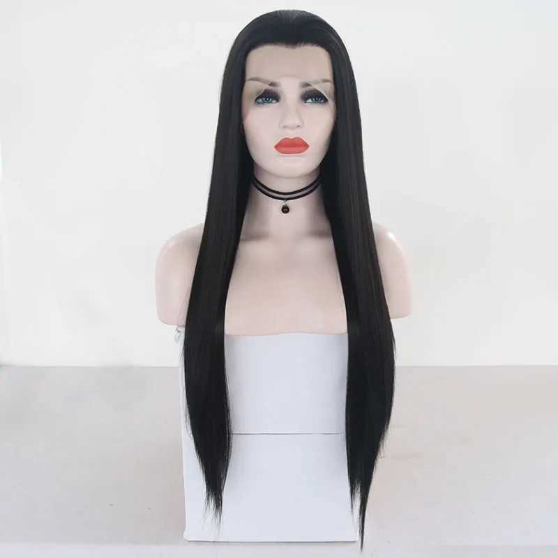 Synthetic Wigs AIMEYA Free Part Black Lace Front Wig Long Silky Straight Synthetic Lace Wigs High Temperature Hair for Men or Women Cosplay 240329