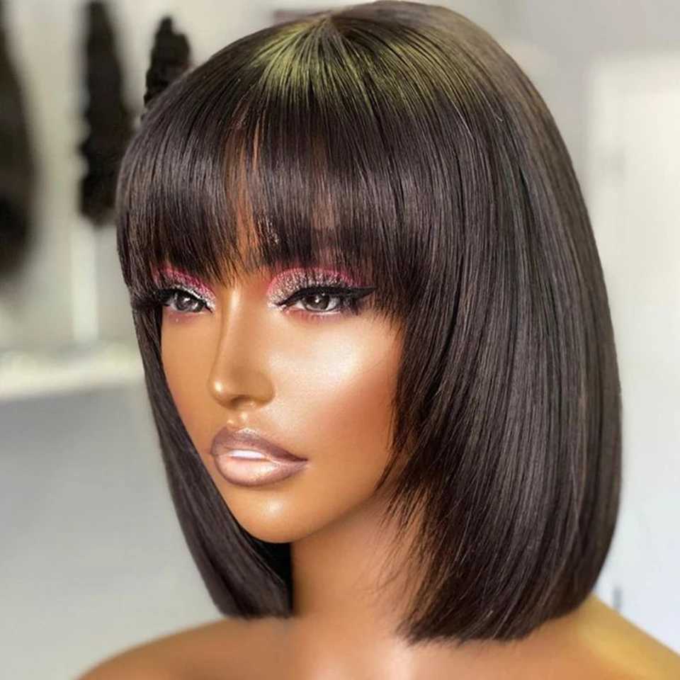 Synthetic Wigs Brazilian Short Straight Hair Bob Wigs Human Hair Wig With Bangs Remy Full Machine Made Wig for Women Non Lace Glueless Bob Wig 240328 240327