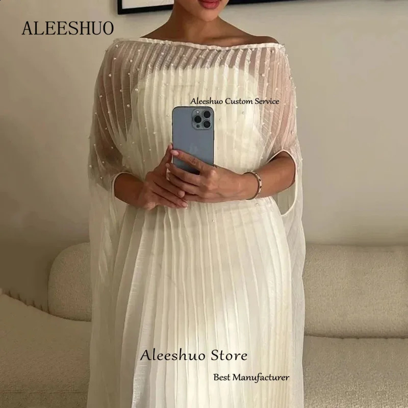 Aleeshuo Simple White Straight Prom Dresses Glitter Pearls Short Sleeve Party Tulle Boat Neck Vestidos de 2024 240320