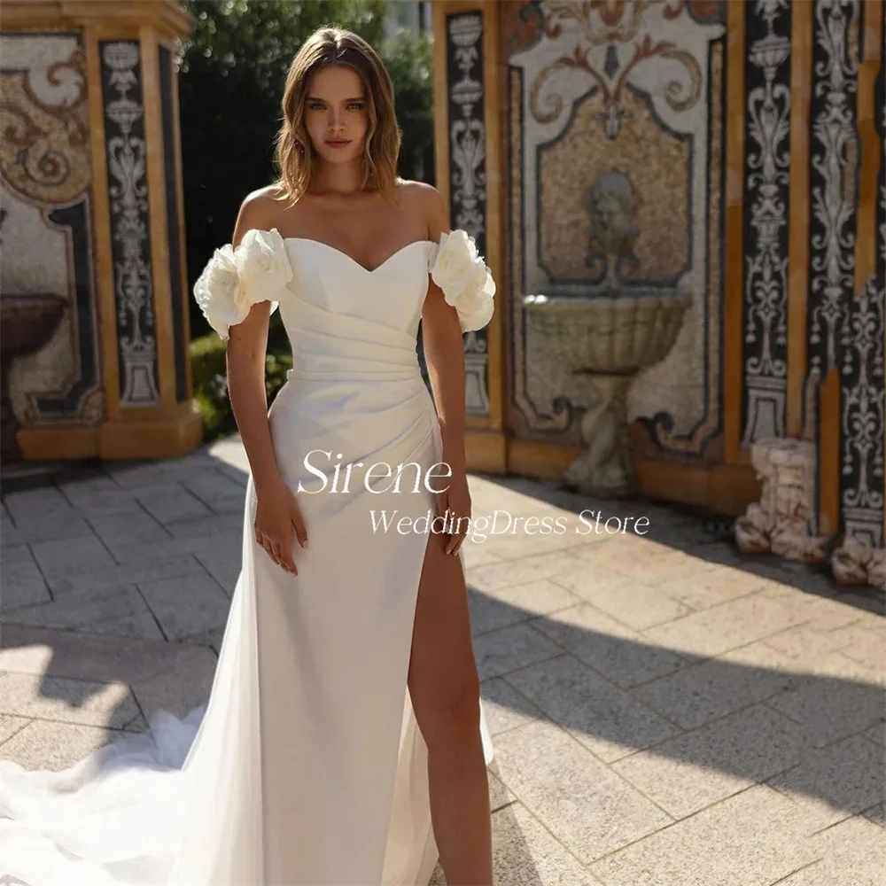 Elegant Off The Shoulder 3D Flower Mermaid Wedding Dresses Charming V-Neck Sleeveless Backless High Side Slit Bridal Gown YD