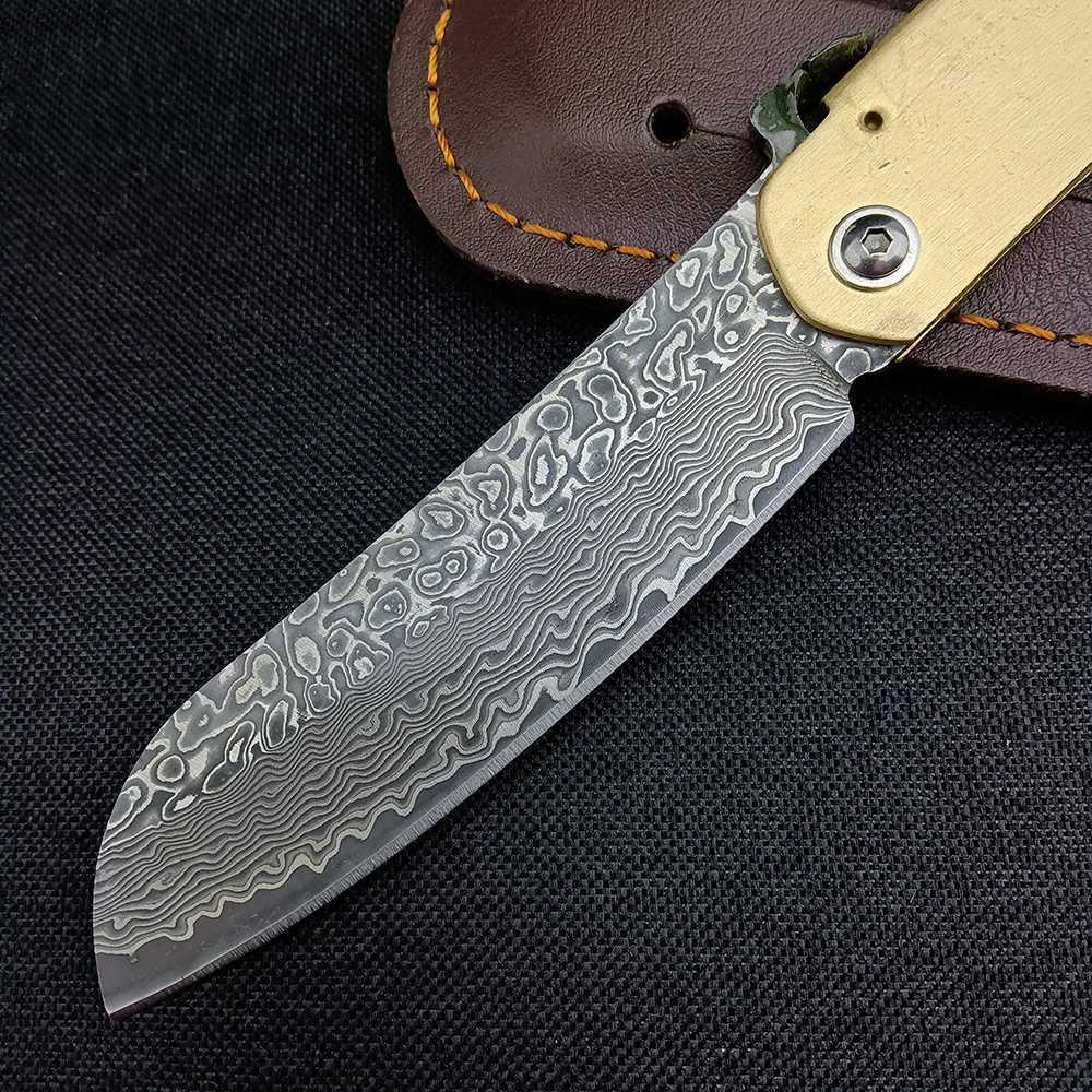 Tactical Knives Damascus Steel Kitchen Knife Cutting Fruit Tools Outdoor Portable Brass Handle Pocket Hunting Camping Folding Knife EDC SurvivalL2403