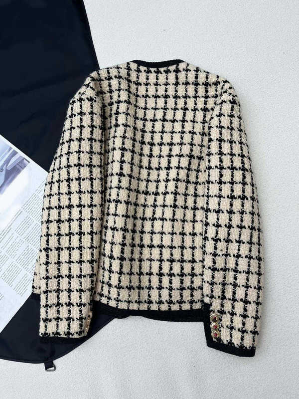 Jaquetas femininas designer início da primavera nova Miu Nanyou Gaoding estilo rural suave Maillard cor combinando com decote em V xadrez contrastante casaco ZY8A