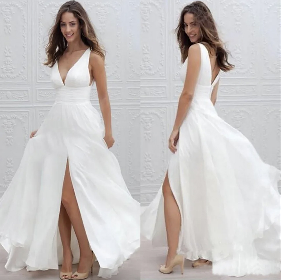 2024 New Summer Beach Boho Wedding Dresses A Line Sexy V Neck Split Long Chiffon Bridal Gowns Bohemian