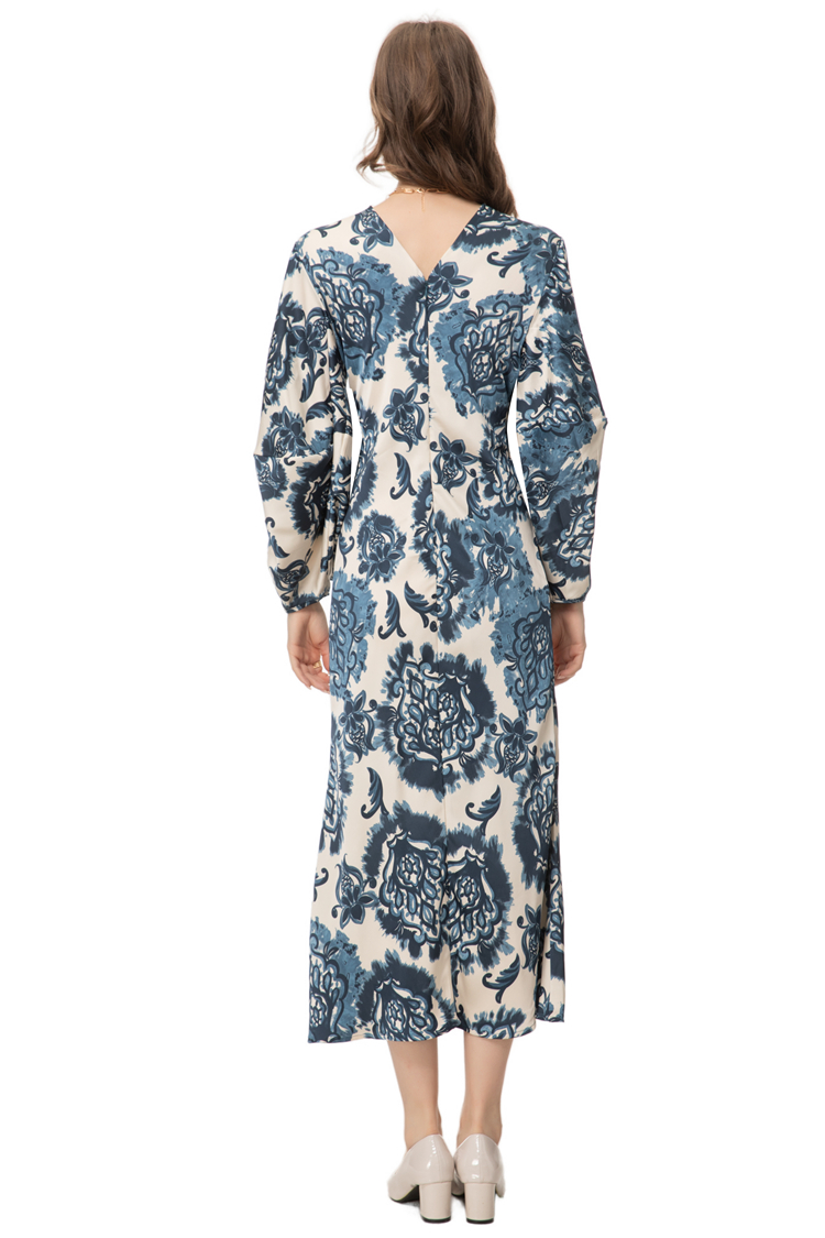 Women's Runway Dresses V Neck Long Lantern Sleeves Sexy Keyhole Printed Floral Ruched Elegant Designer Vestidos