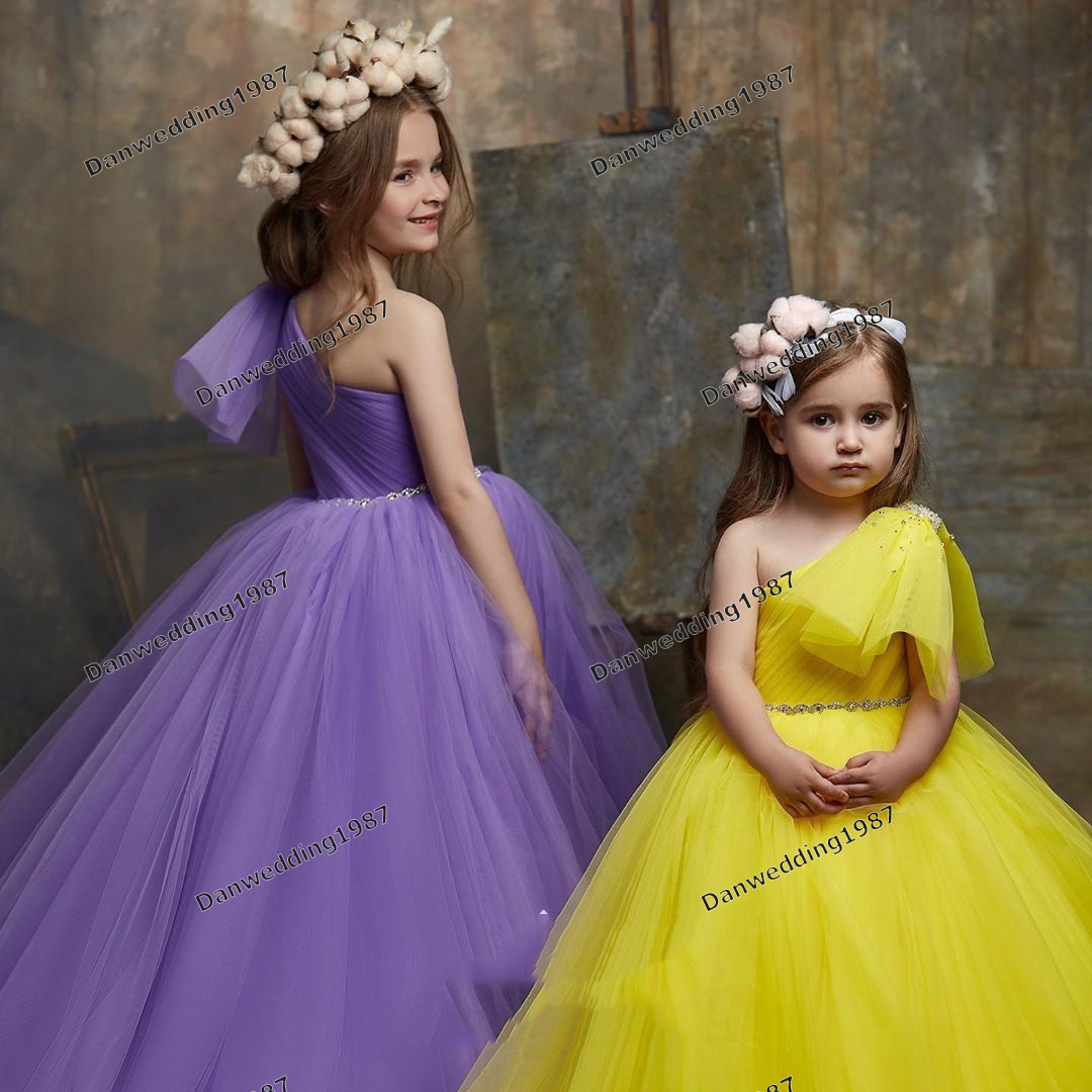 Dolce verde viola giallo anguria rosso monospalla abito da ragazza di fiori Abiti da spettacolo ragazza Abiti da compleanno Gonna da ragazza personalizzata SZ 2-12 D318007 Tulle morbido