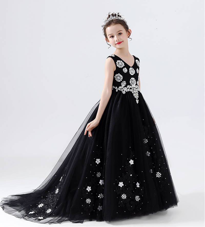 Incroyable Tulle Noir Col En V Perles Appliques Robe De Fille De Fleur Robes De Concours De Fille Robes De Fête / Anniversaire Jupe De Fille Personnalisée SZ 2-12 D318015