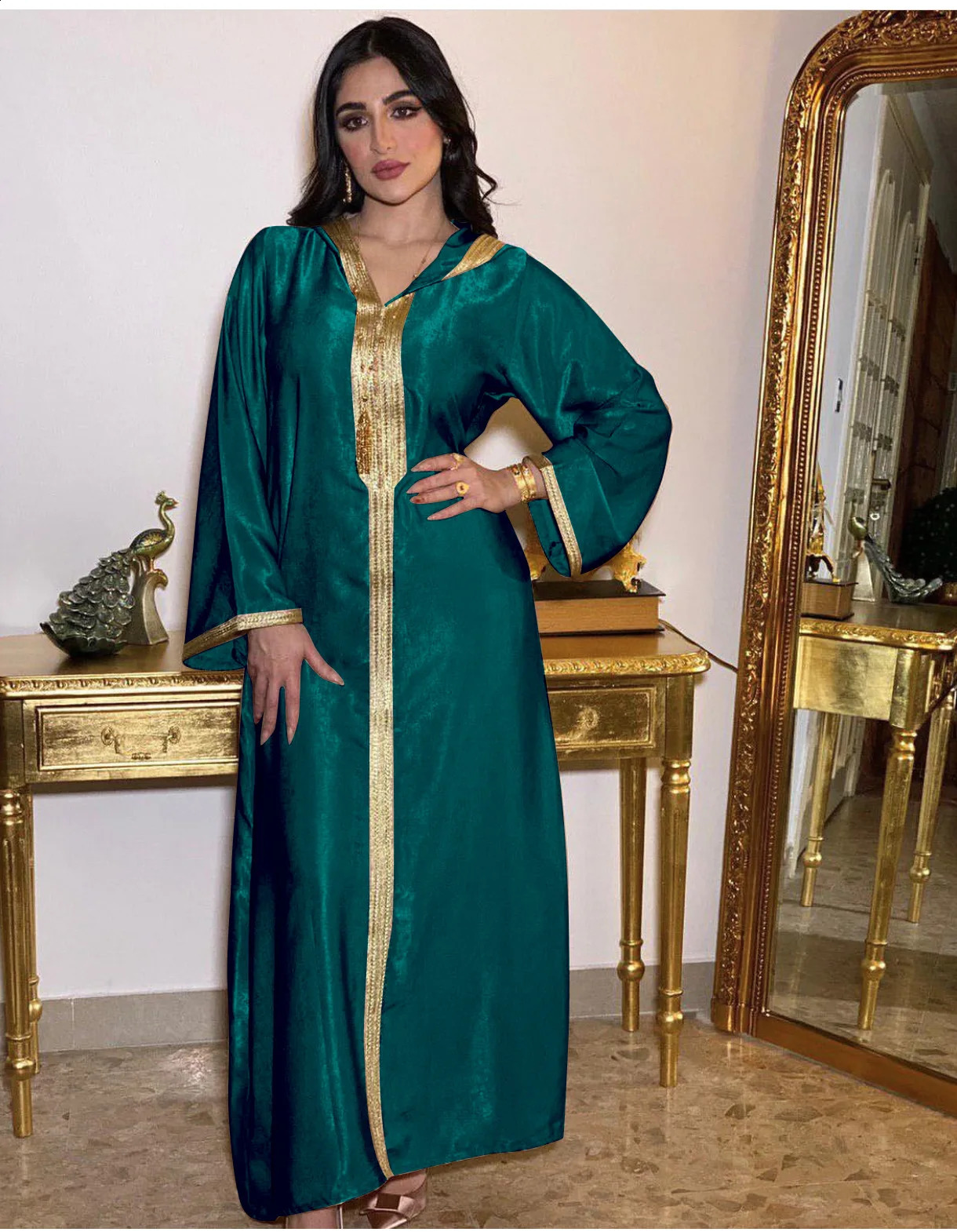 Frauen Ramadan Kleidung Arabisch Muslim Abaya Saudi Türkisch Islamische Party Kleid V-ausschnitt Langarm Marokkanischen Kaftan Mit Kapuze Robe 240313