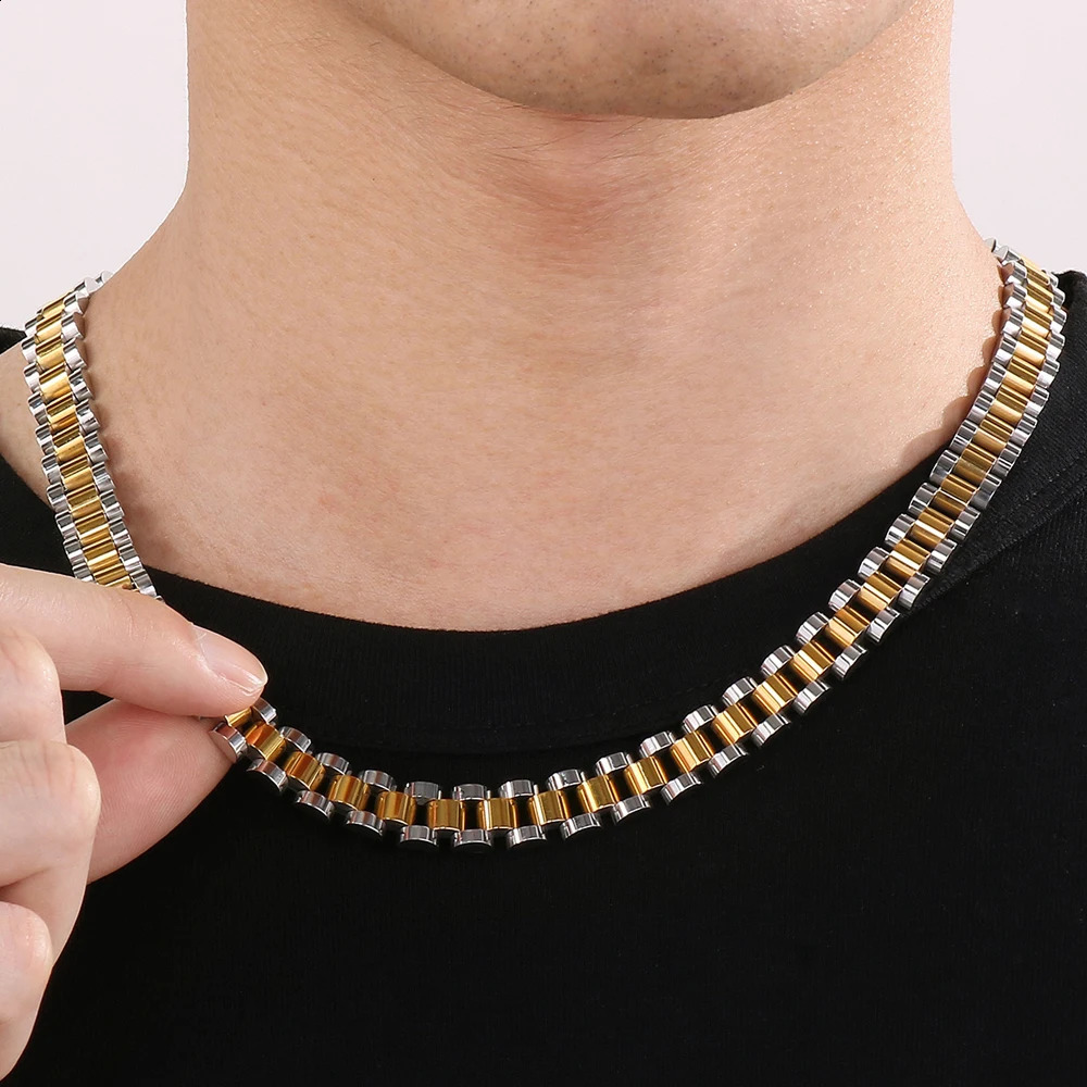 5060cm 10mm pulseira de relógio estilo corrente colar para homens mulheres cor dourada gargantilha de aço inoxidável colares acessórios de joias 240313