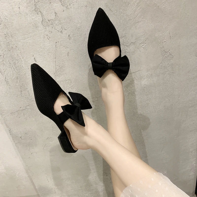 Boots Female Shoes Cover Toe ButterflyKnot Mules For Women 2022 Slippers Casual Square heel Loafers Slides Med New Luxury Pointed