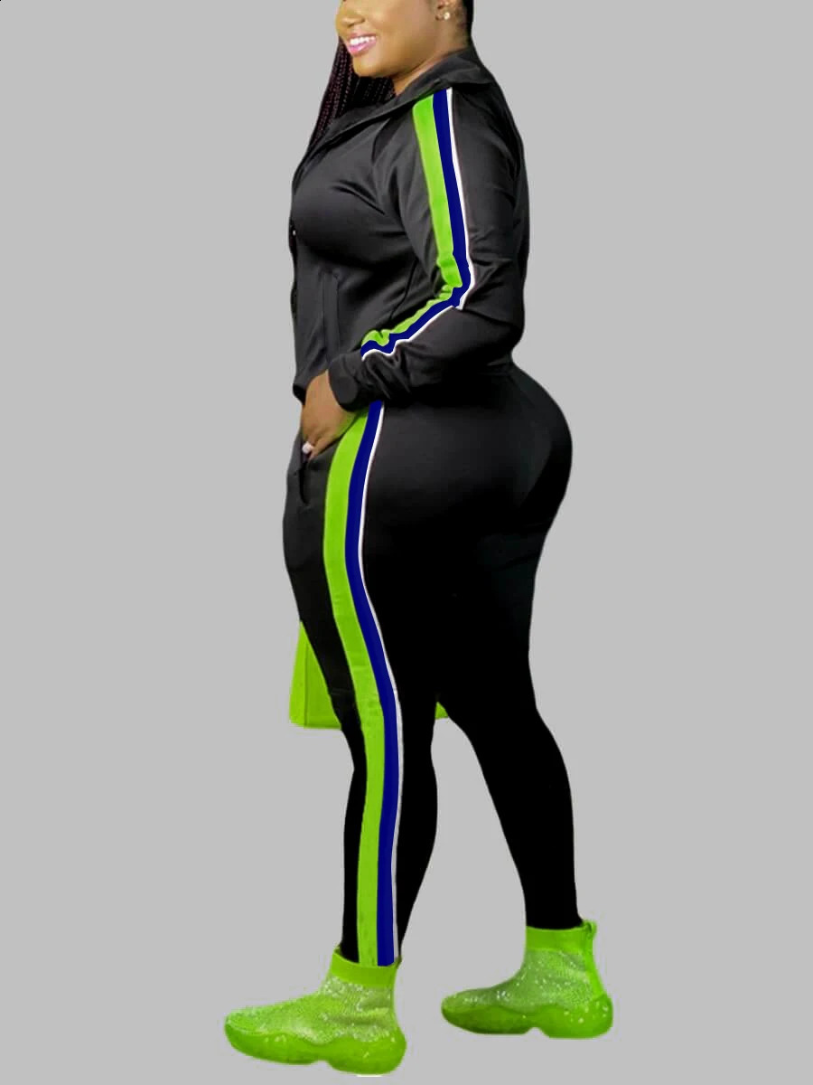 LW Plus Size قطعتين مجموعات مخطط Kangaroo الجيب Tracksuit مجموعة امرأة التتبع 2 قطعة مجموعة الخريف أنثى لذلة الرياضة Suit240318