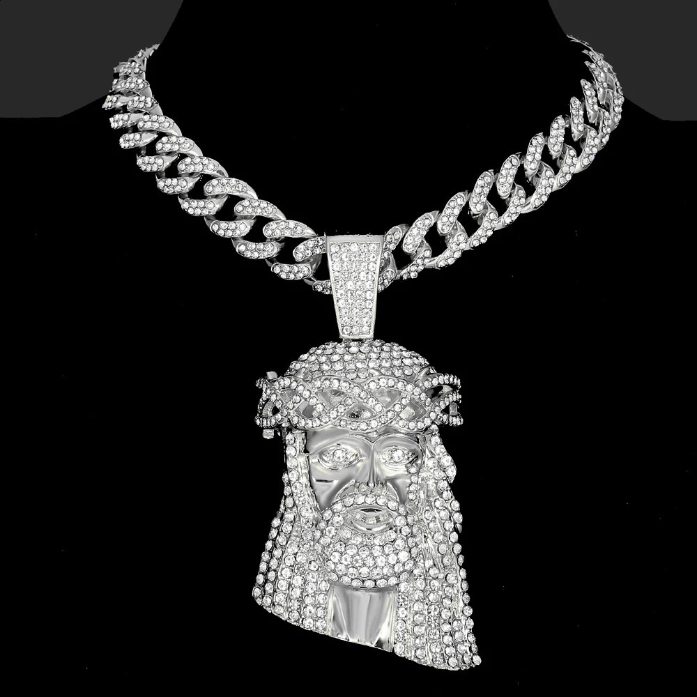 Hip Hop Jesus Pendant Cuban Chain Necklace Men Ice Out Paved Full Shining Crystal Head Face Charm Jewelry 240311