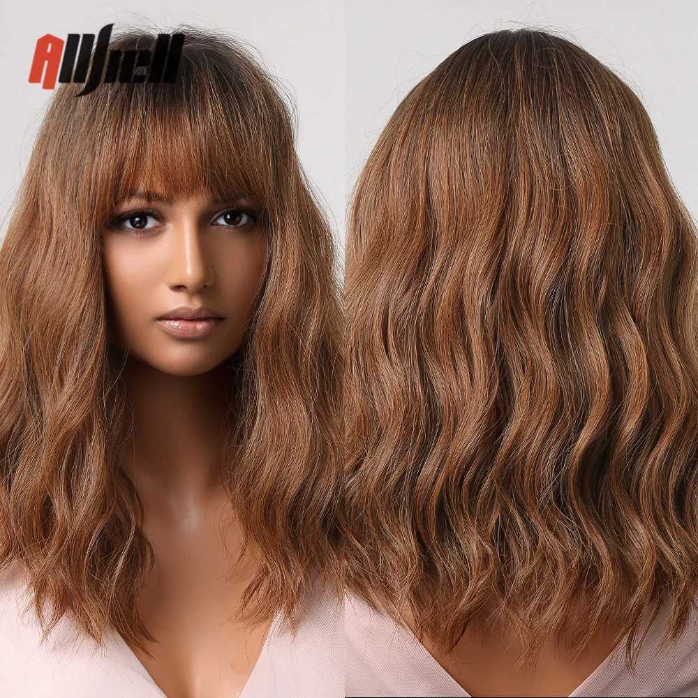 Synthetic Wigs Curly Brown Ombre Black Synthetic Wigs Short Wavy Wigs with Bangs Party Cosplay for Women Afro Natural Daily Heat Resistant Hair 240328 240327