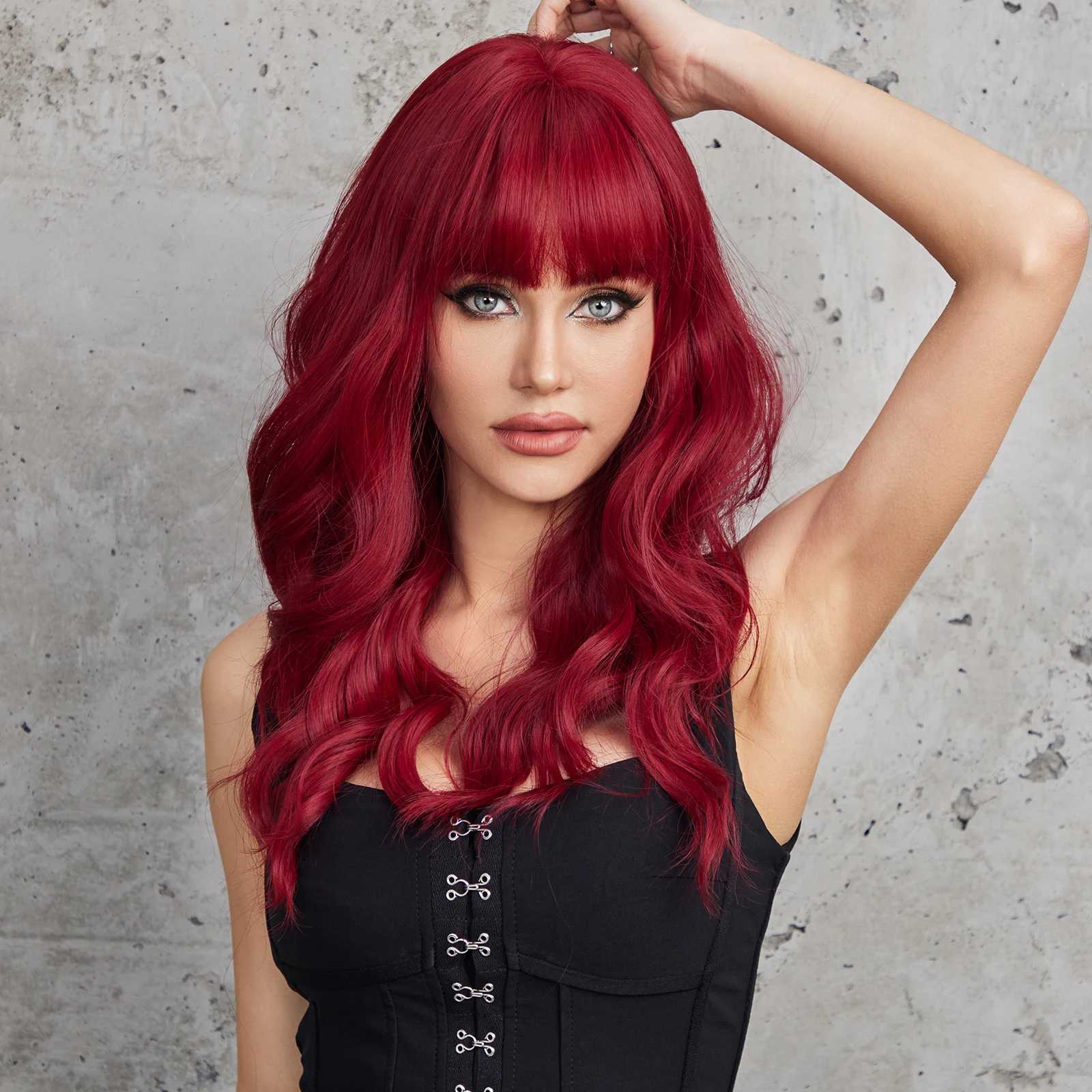 Synthetic Wigs Wine Red Long Wavy Christmas Costume Wig Hair Curly Fluffy Wave Dark Burgundy Cosplay Synthetic Wig with Bangs for White Women 240328 240327