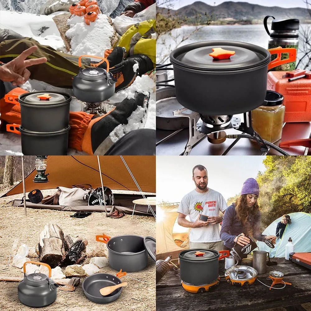 Camping Cookware Kit Outdoor Cooking Set Aluminium Equipment Pot Travel Bordkök Kök Vandring Picknick BBQ 240306