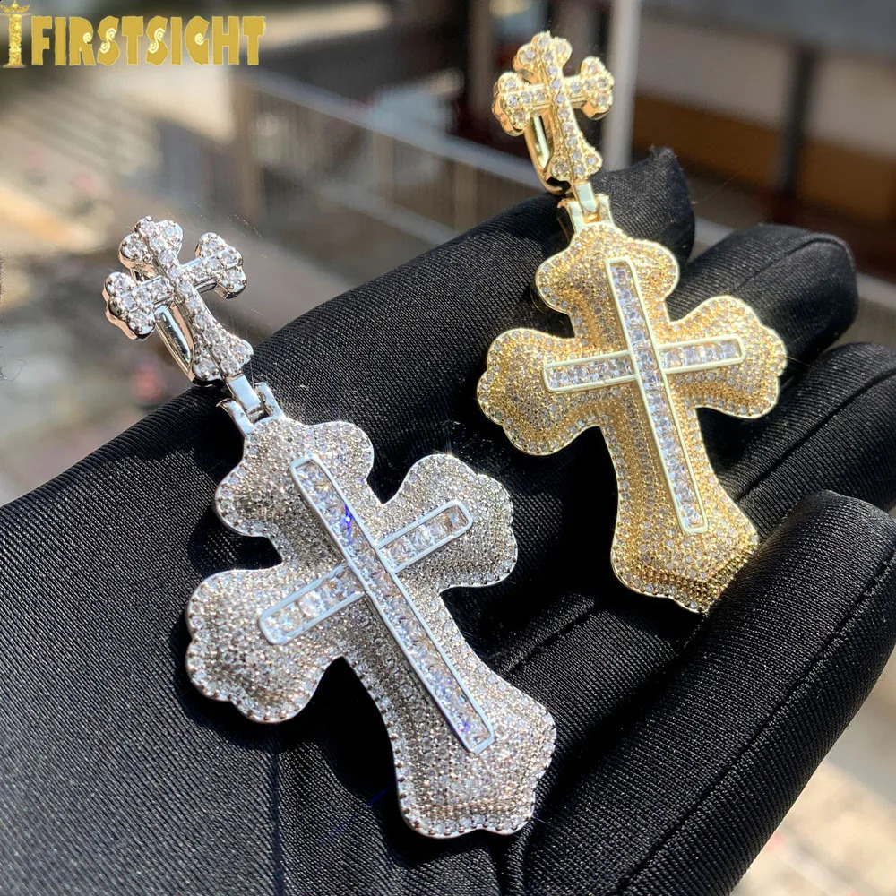 Iced Out Bling CZ Letter Cross Pendant Necklace Various Design 5A Zircon Two Tone Color Badge Charm Mens Hip Hop Jewelry 240311