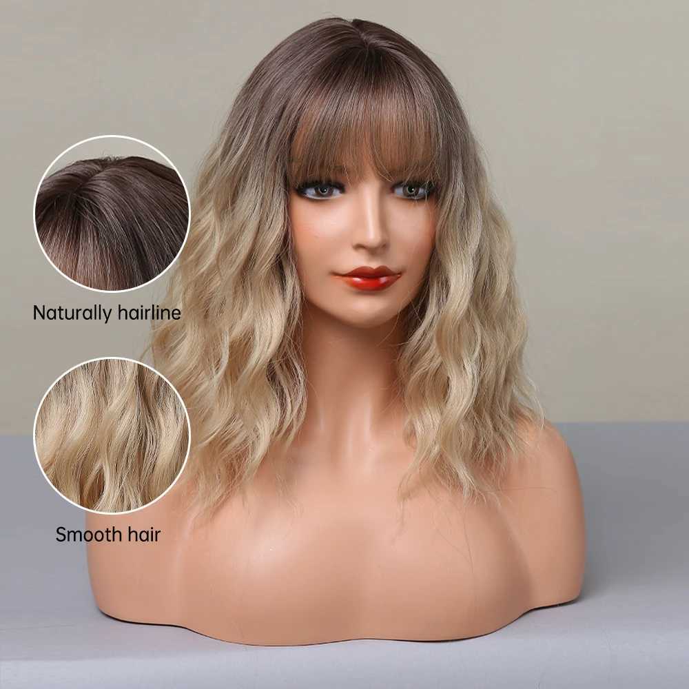 Perucas sintéticas curto ondulado bob perucas sintéticas com franja marrom loira ombre perucas de cabelo para mulheres cosplay lolita peruca natural resistente ao calor 240329