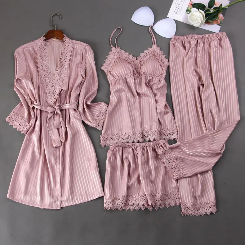 Frauen Schlaf Set Satin Gestreiften Pyjamas Anzug Pijamas Sexy Kimono Bademantel Kleid Hause Kleidung Spitze Patchwork Nachtwäsche 240308