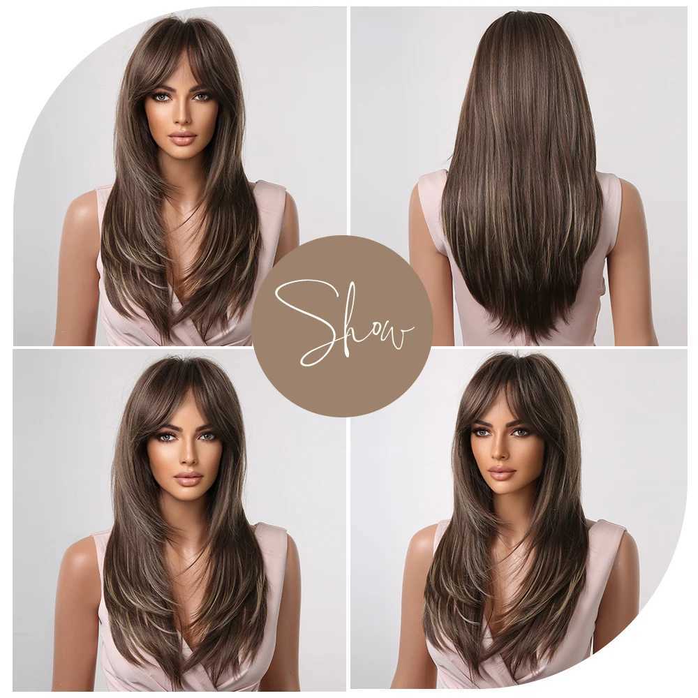 Synthetic Wigs Brown Mixed Blonde Highlight Synthetic Wigs Long Straight Layered Wig with Long Bangs for Women Afro Natural Cosplay Daily Hair 240328 240327