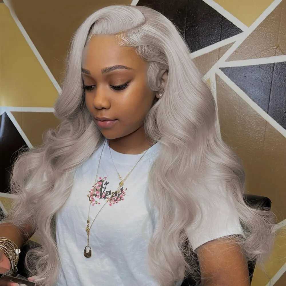 Synthetic Wigs 13x3 Silver Grey Body Wave Synthetic Lace Front Wigs For Women Wear And Go Glueless 30 Inch Long Cosplay Party Daily Fashion Wig 240328 240327