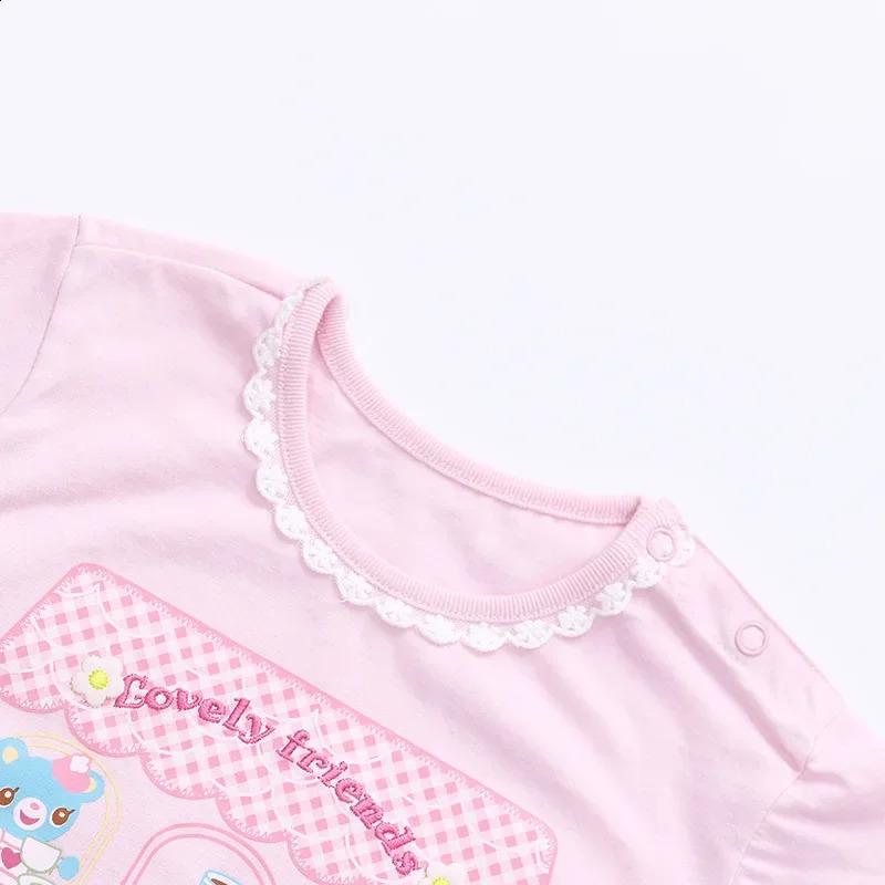 Pianista infantil menina desenho animado doce casa coelho estampa bordada manga curta gola de renda camiseta 240313