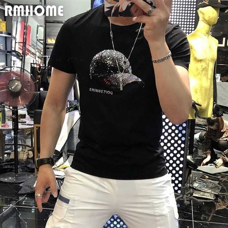 T-shirt da uomo T-shirt estiva Cappello da uomo Hot Diamond Marchio di moda europeo personalizzato Slim multicolore T-shirt maschile Abbigliamento in cotone di alta qualità J240316