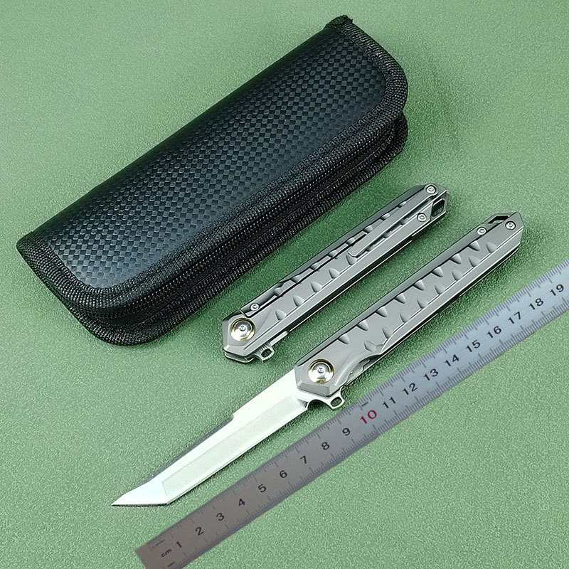 Nouveau A5021 Couteau Flipper haut de gamme CPM-D2 Acier Stone Wash Tanto Point Blade CNC TC4 Poignée en alliage de titane Roulement à billes EDC Couteaux de poche