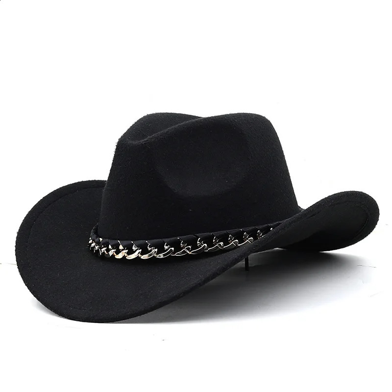 3 rozmiary Western Cowboy Hat Chain Decor szeroki rdzeń Jazz Fel Cap Vintage Women Men Men Fedora Outdoor Parentchild Riding Sun 240311