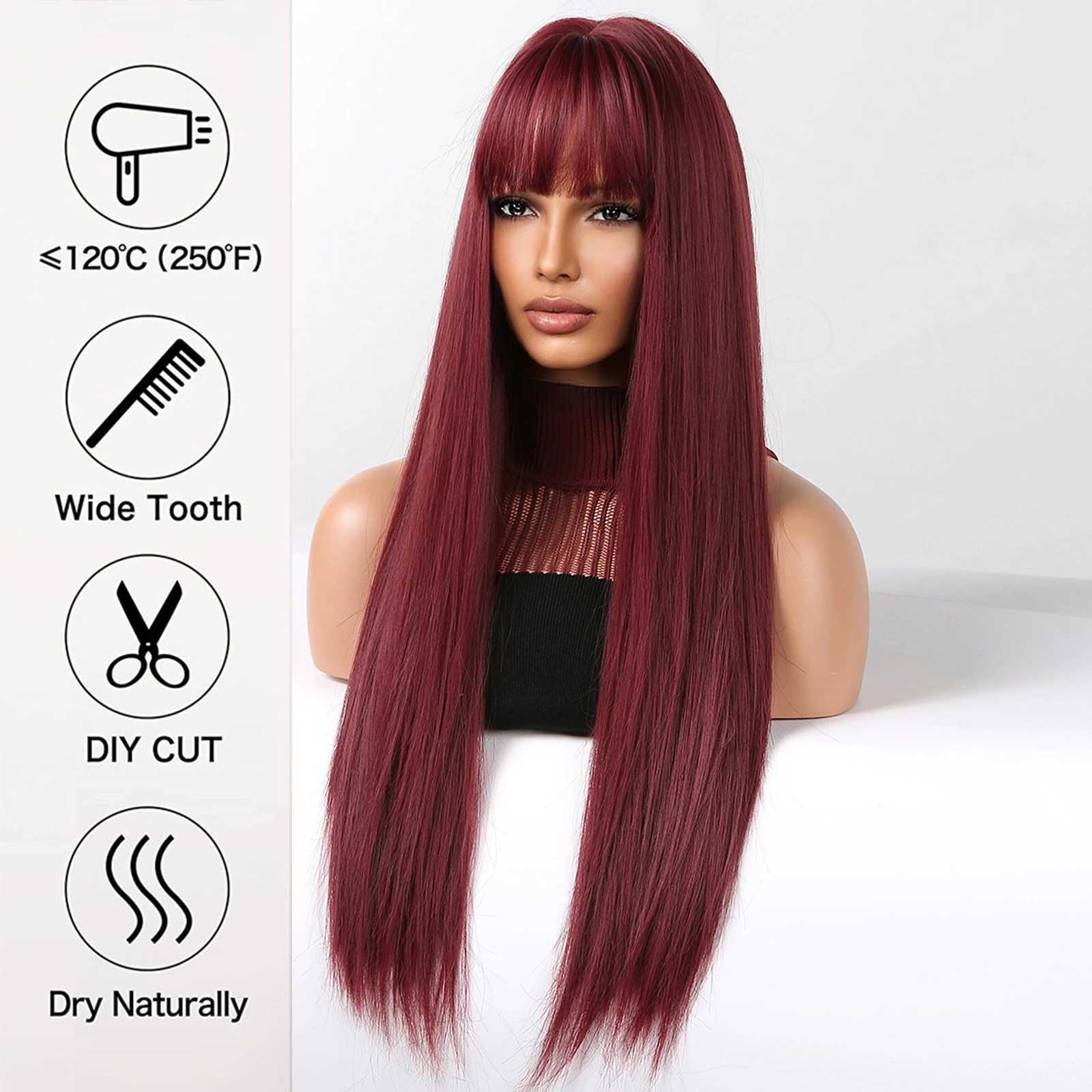 Synthetic Wigs Long Straight Dark Red Synthetic Wig Wine Red Burgandy Hair Colored Cosplay Wigs with Bangs Heat Resistant for Women Halloween 240328 240327