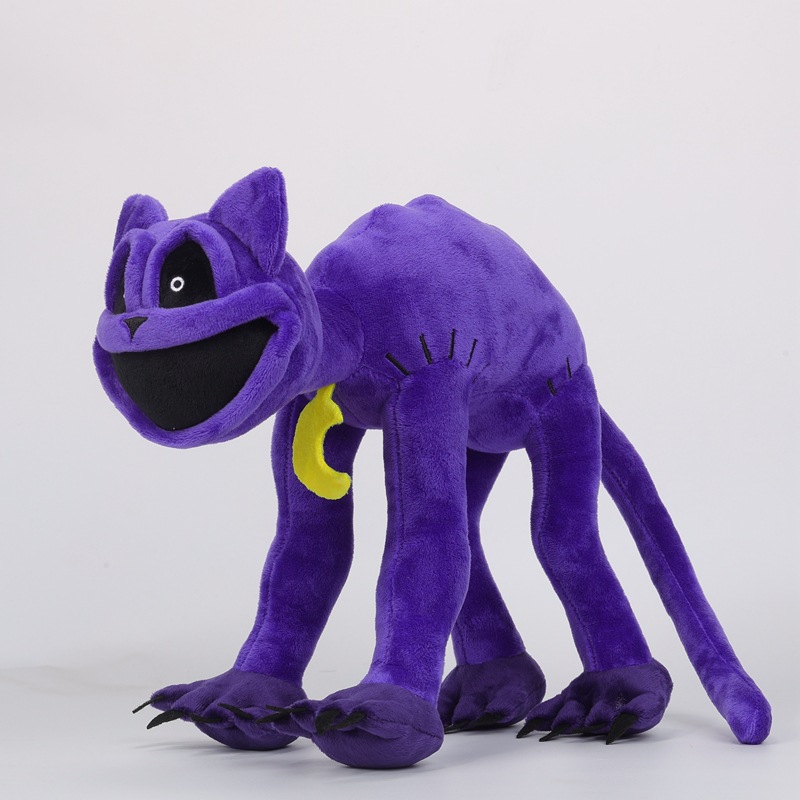 恐ろしい紫色の猫、笑顔の動物、豪華なおもちゃの怪物、大きな口のある猫