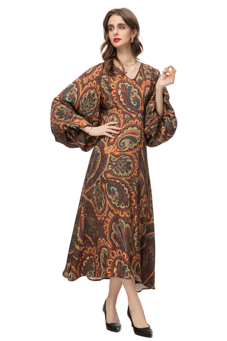 Robes de piste pour femmes, col en V, manches lanternes, imprimé Floral, à lacets, élégantes de styliste