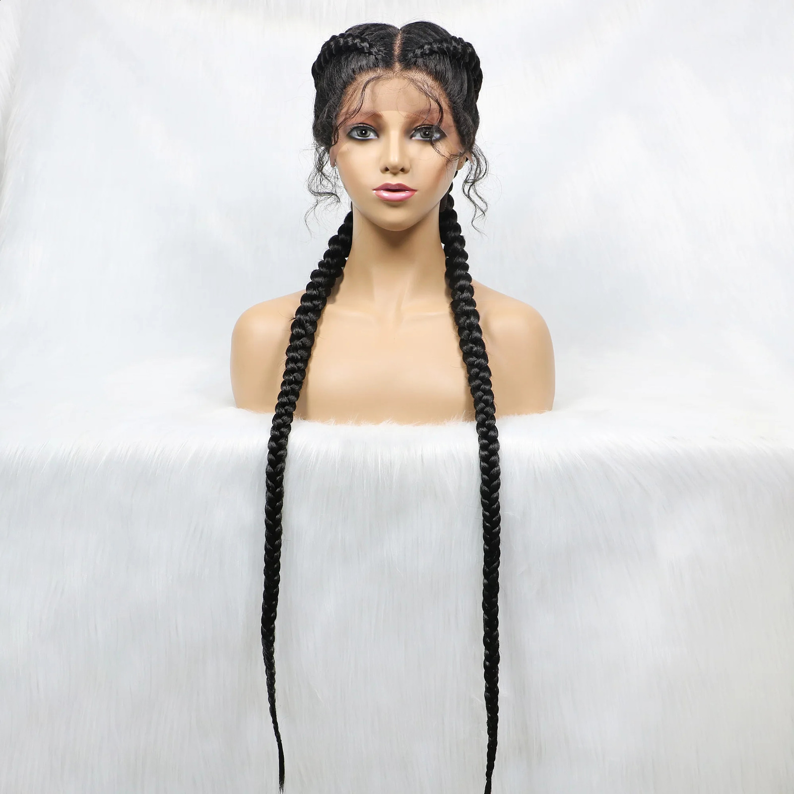 36 дюймов длинные синтетические плетеные парики спереди кружева спереди парик с голландскими косами с волосами ребенка для чернокожих женщин 240226