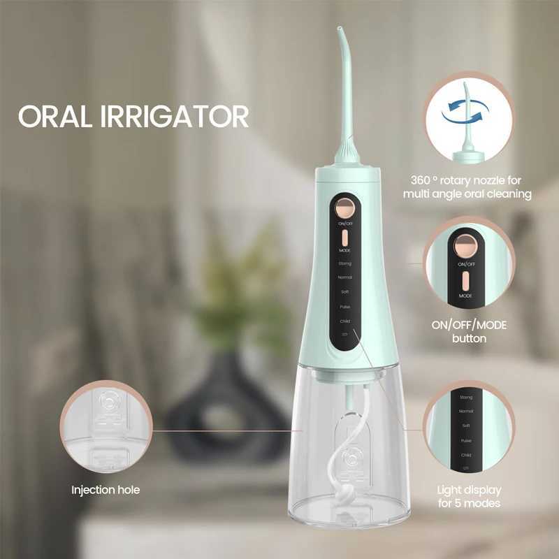 Irrigadores orais 350ML escova de água portátil irrigador oral carregamento USB 5Mode jato de água dental IPX7 limpador de dentes à prova d'água com 6 bicos J240318