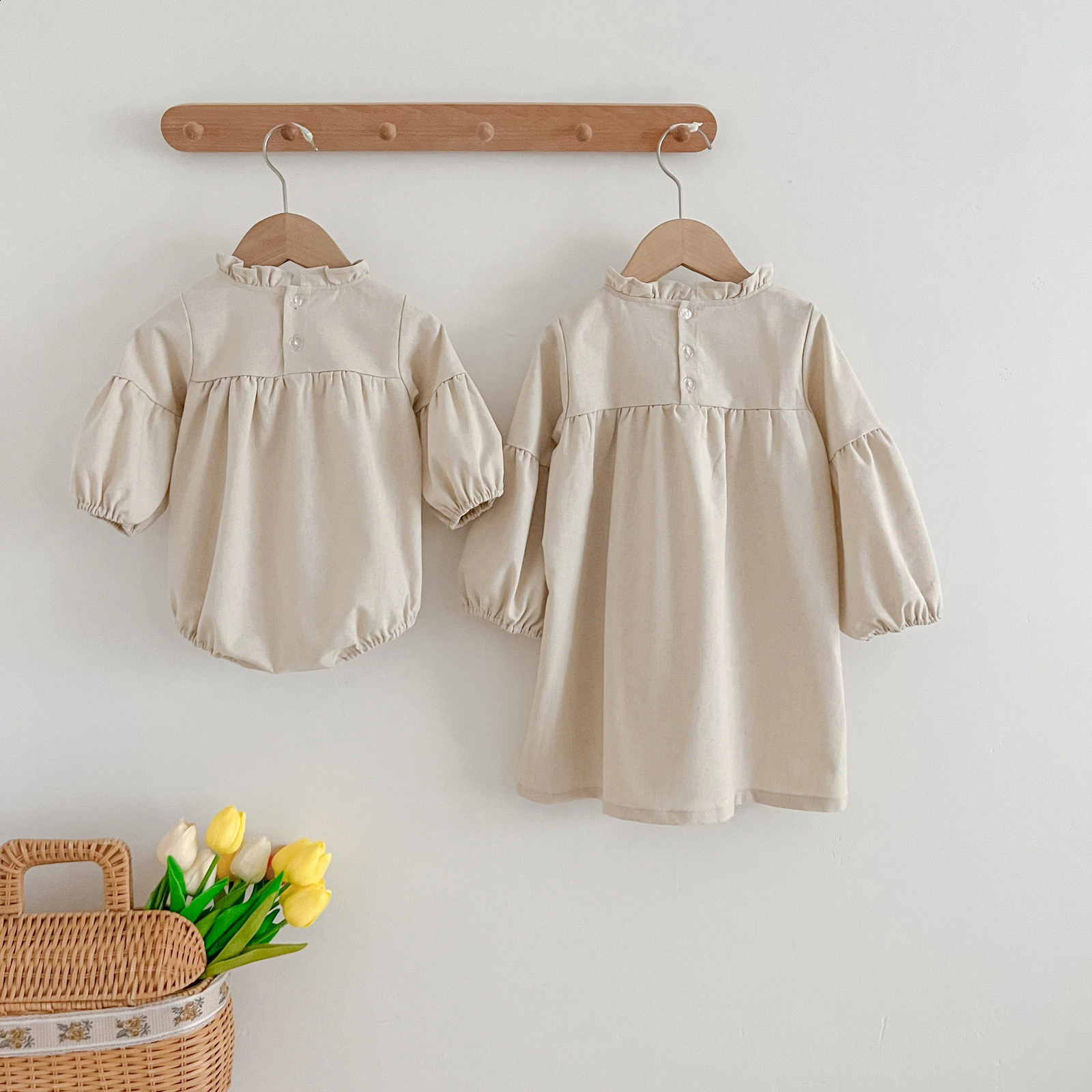 Primavera niños vestidos de fiesta ropa de niños otoño niño bebé niñas princesa vestido de manga larga algodón lino hermanas 240311