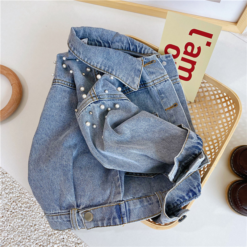 Fashion girls beaded denim jacket INS kids lapel long sleeve cowboy outwear children casual coat S1213