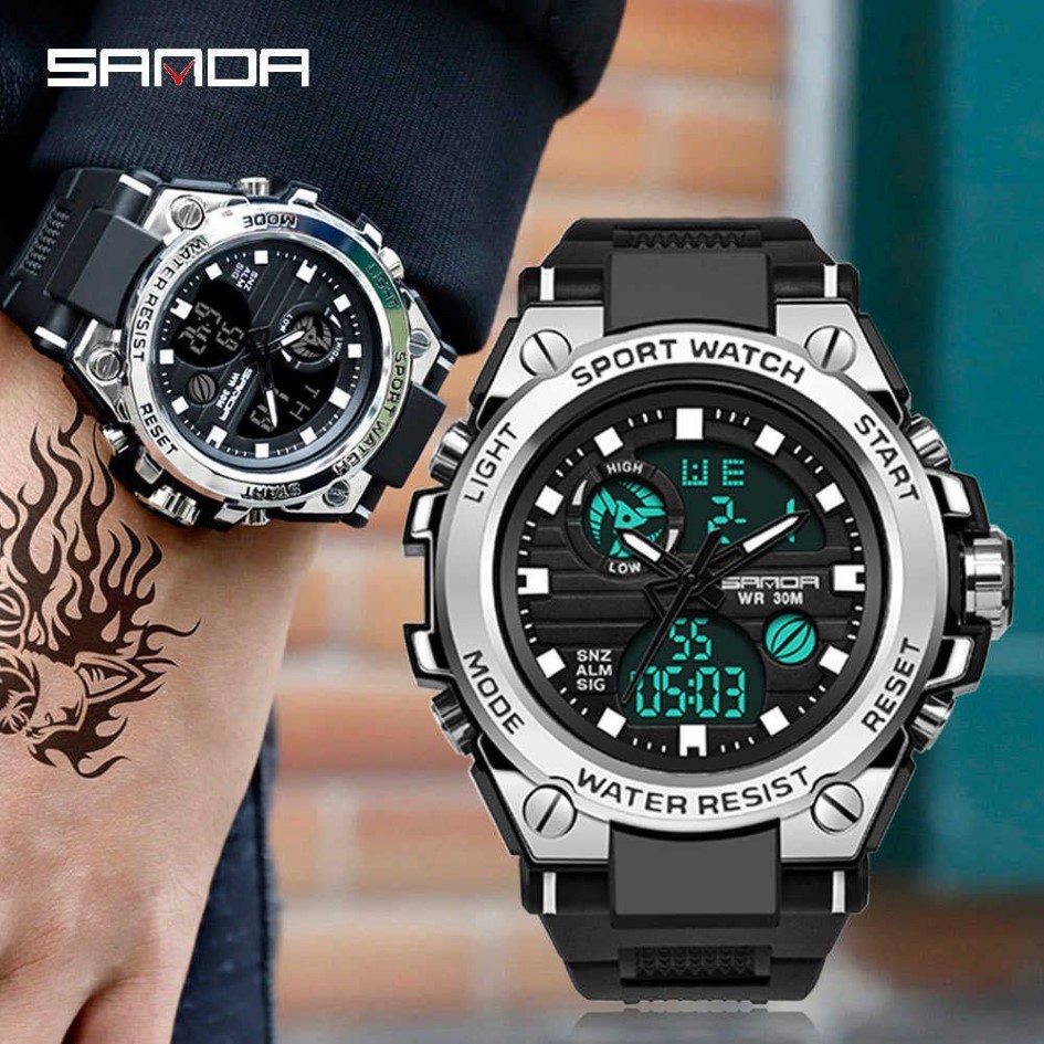 SANDA Sports de plein air hommes montres militaire quartz montre numérique LED hommes étanche montre-bracelet S choc montres relogio mascul336F