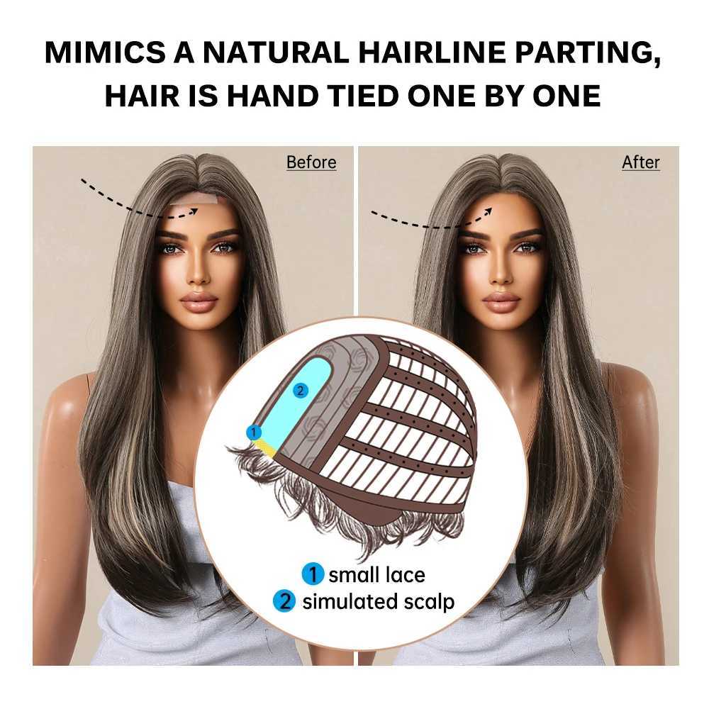 Perucas sintéticas HAIRCUBE Longo Reto Marrom Misto Loiro Destaque Perucas Sintéticas Natural Hairline Lace Front Wigs para Mulheres Cabelo Cosplay Diário 240328 240327