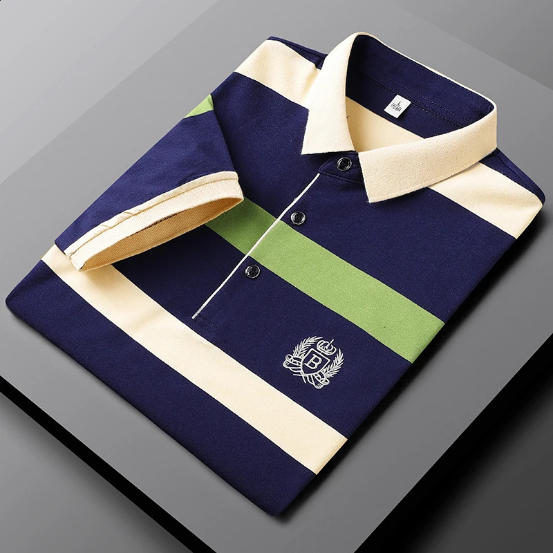 Sommer Männer Klassische Gestreiften Polo Herren Baumwolle Kurzarm Bestickt Business Casual Polo Shirt Männlich Drop 240318