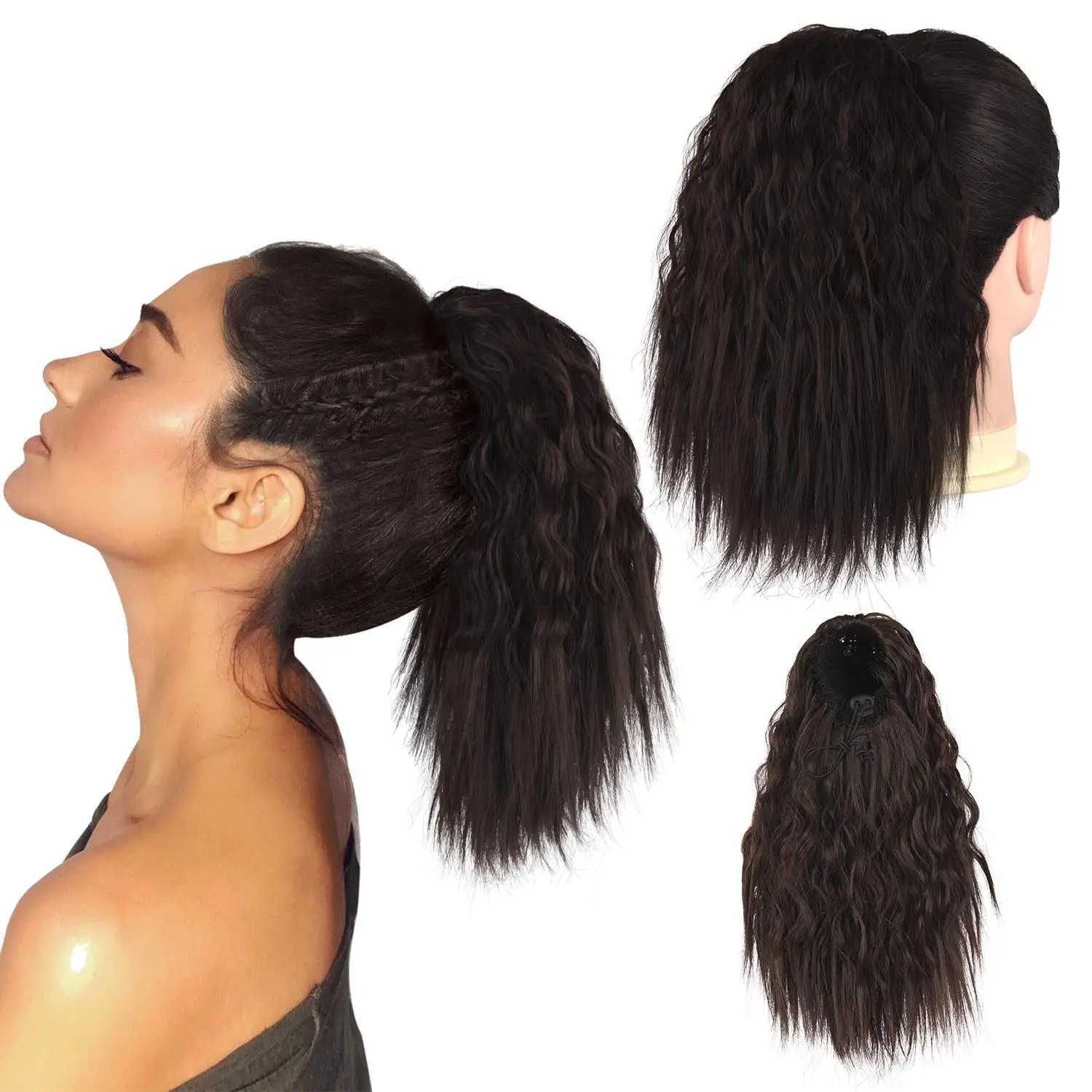 Synthetische Perücken, Afro-Pferdeschwanz-Haar, kurzes Ombre-Wasserwellen-Pferdeschwanz-Haarteil für Frauen, falscher Kordelzug, lockiger Chignon-Schwanz, 240329