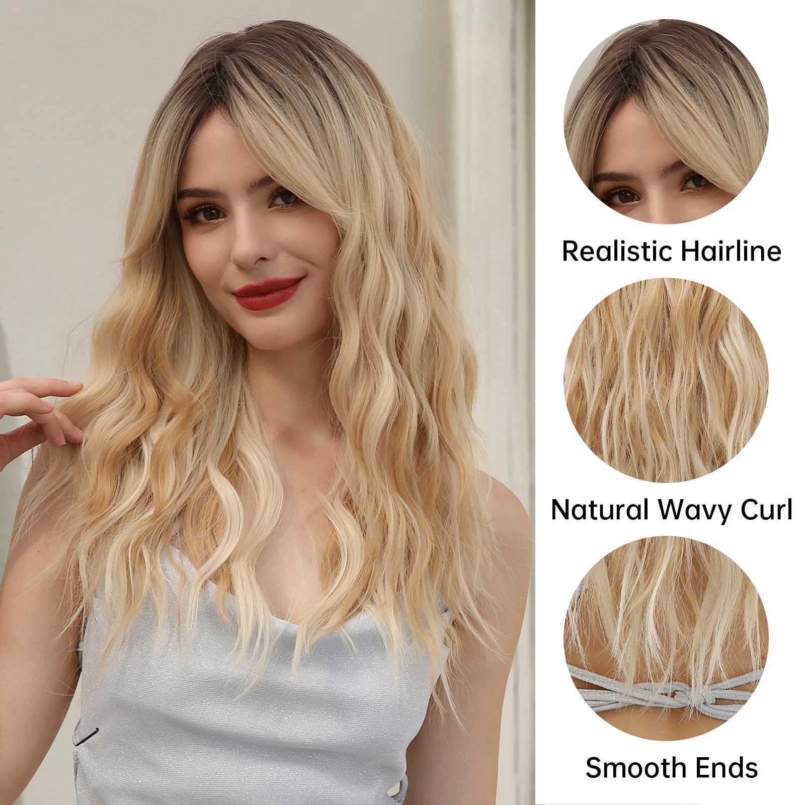 Syntetiska peruker Haircube Long Wavy Natural Wigs For Women Blond Obre Curly Syntetiska peruker med lugg och mörka rötter Dagliga falska hår peruker 240328 240327
