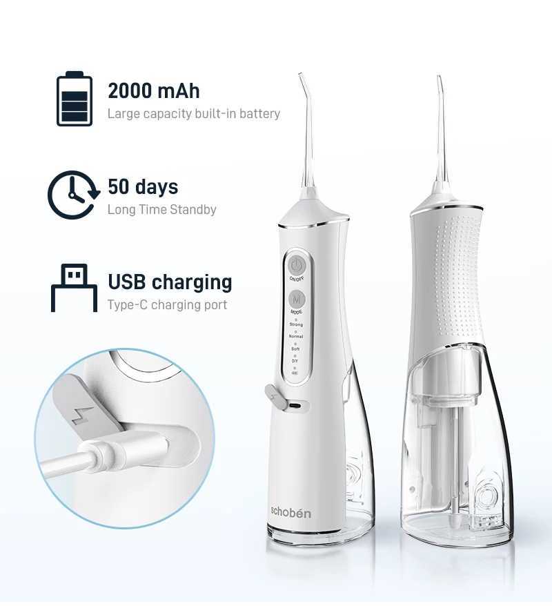 Oral Irrigators Shoben Portable Oral Irrigator USB Laddningsfat Dental Sink 300 ml Vattentank IPX7 Vattentät tandrensare J240318